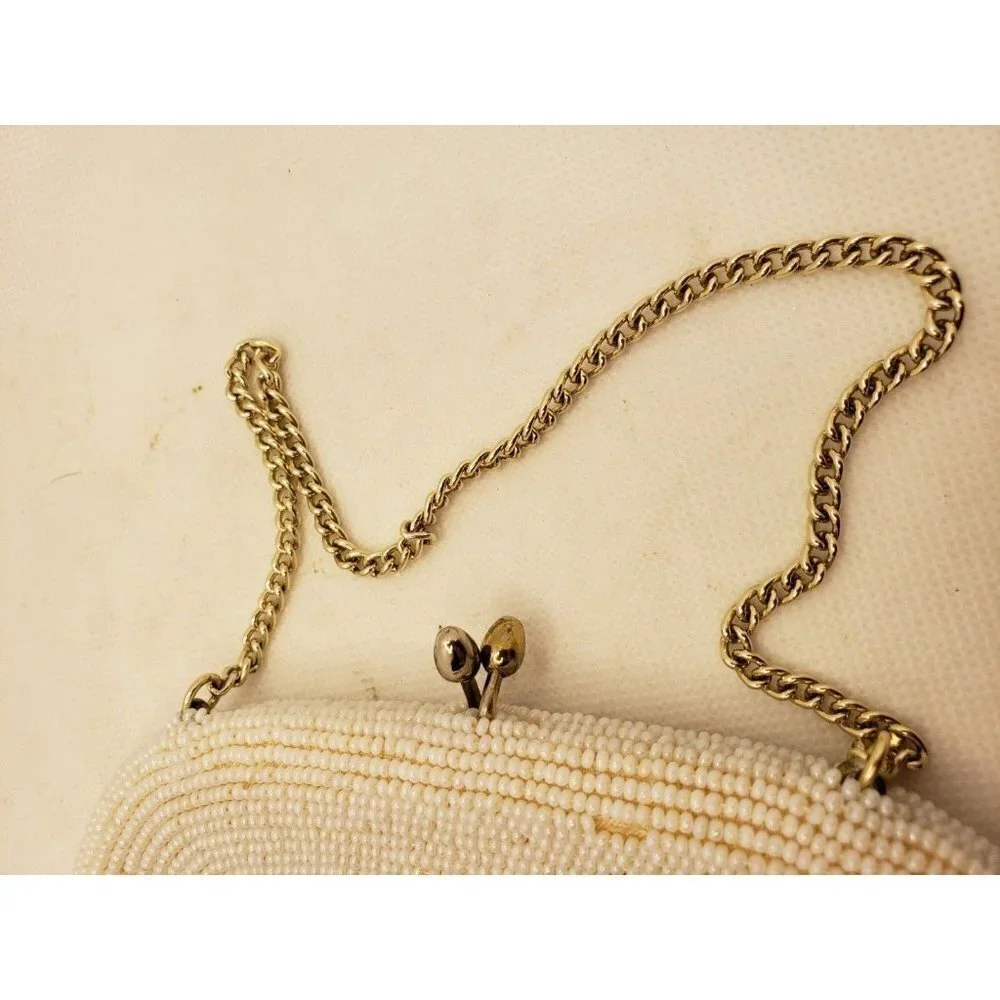 Richere White Beaded Evening Bag Seed Pearls Beads Gold Chain Clutch Purse Japan - Picture 10 of 10